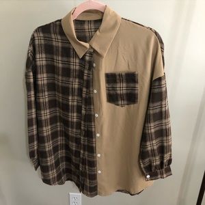 Brown and tan plaid flannel with pocket
